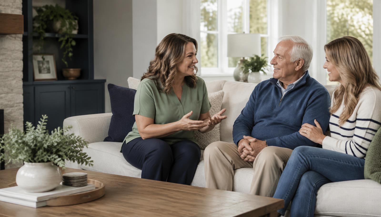 Caregiver answering questions from an older adult and his daughter